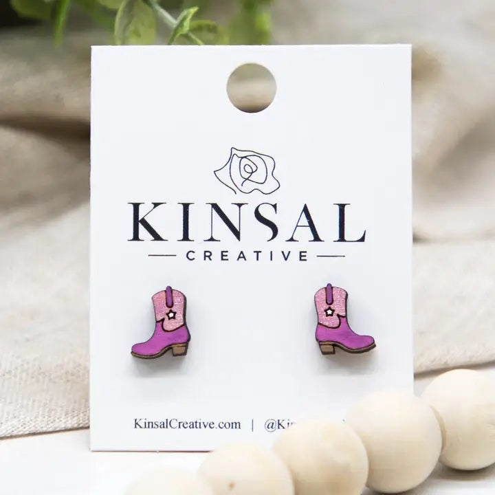 Cowgirl Boots Wood Stud Earrings