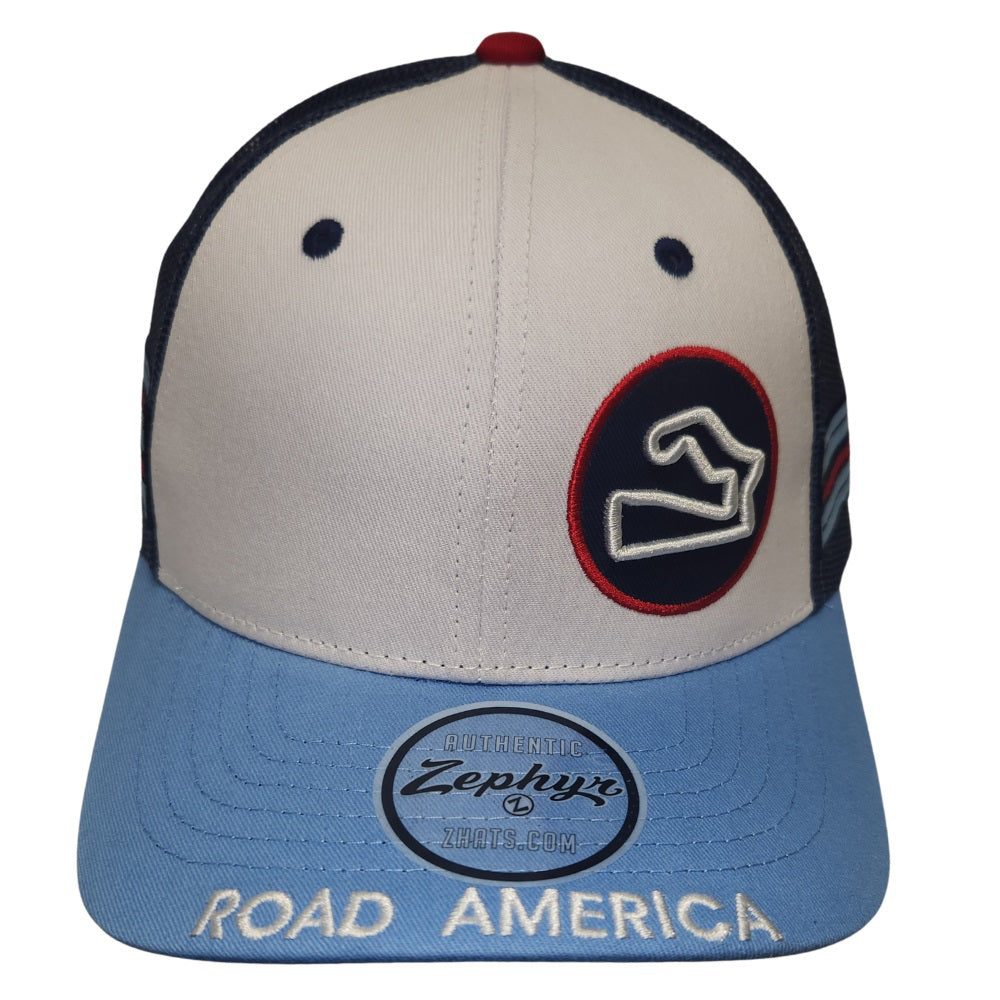 Stanley Hat has a white crown, navy blue mesh back and light blue visor. Hat front feature the track outline.  