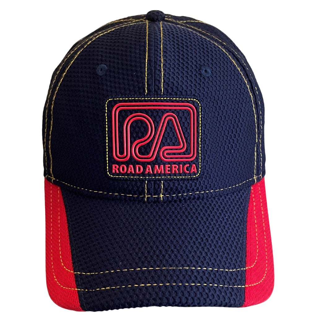 Jimmy Hat in navy polyester mesh with a red Road America logo and other red and yellow details.