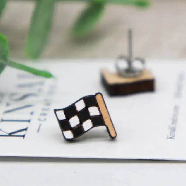 Checkered Flag Earrings - Wood