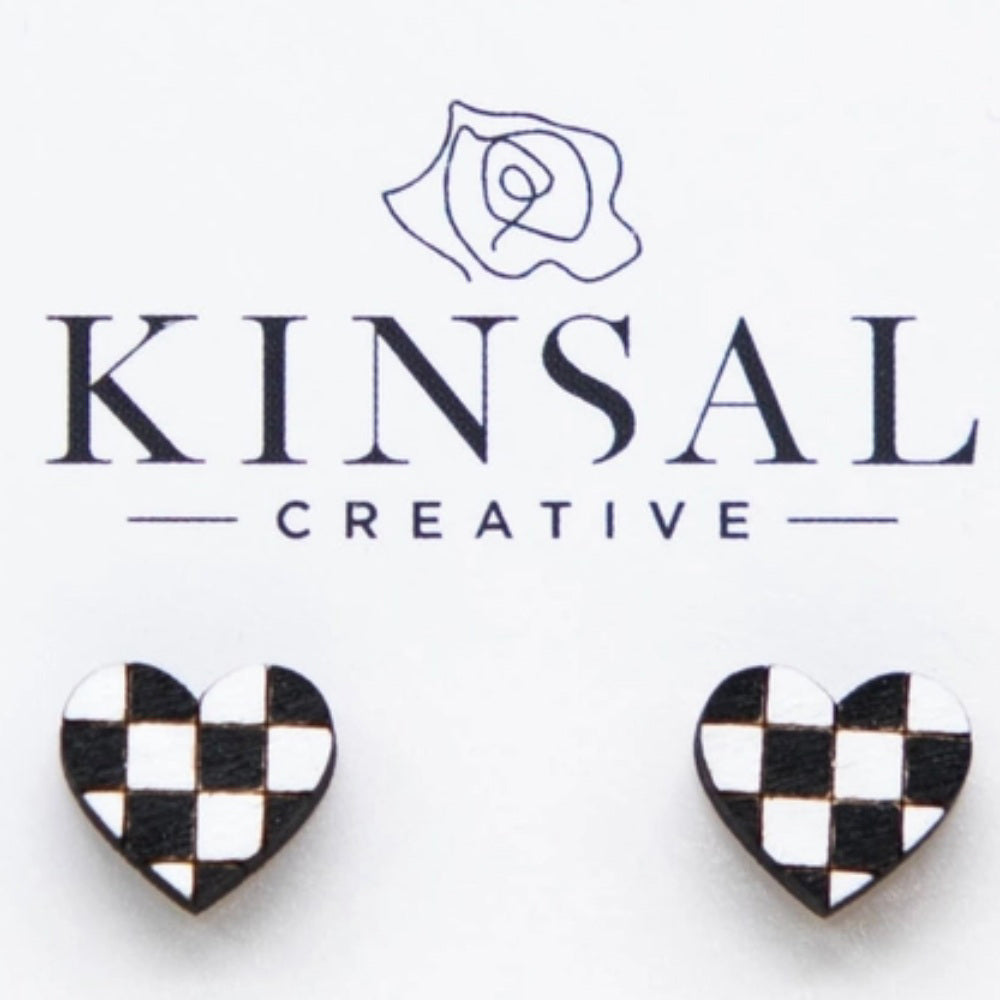 Checkered Wood Heart Earrings