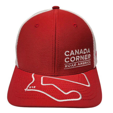 Red and white Canada Corner Hat with track embroidered on visor.