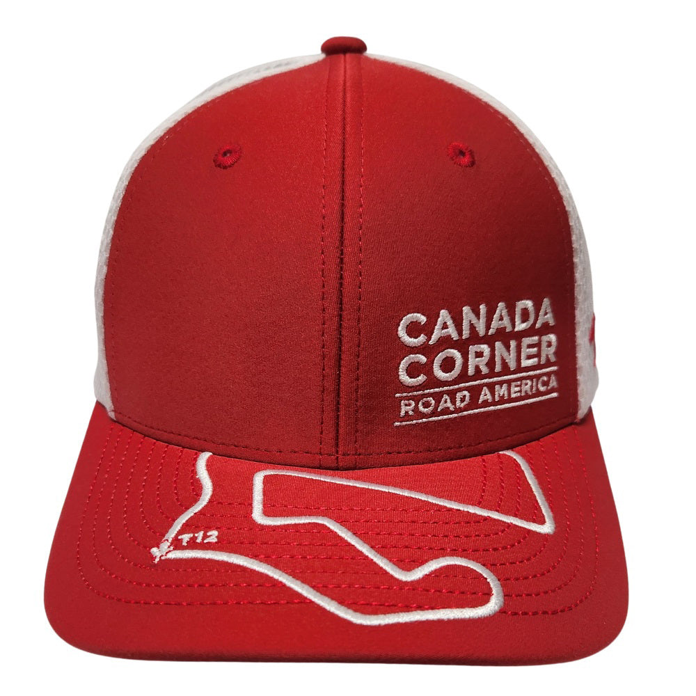 Red and white Canada Corner Hat with track embroidered on visor.