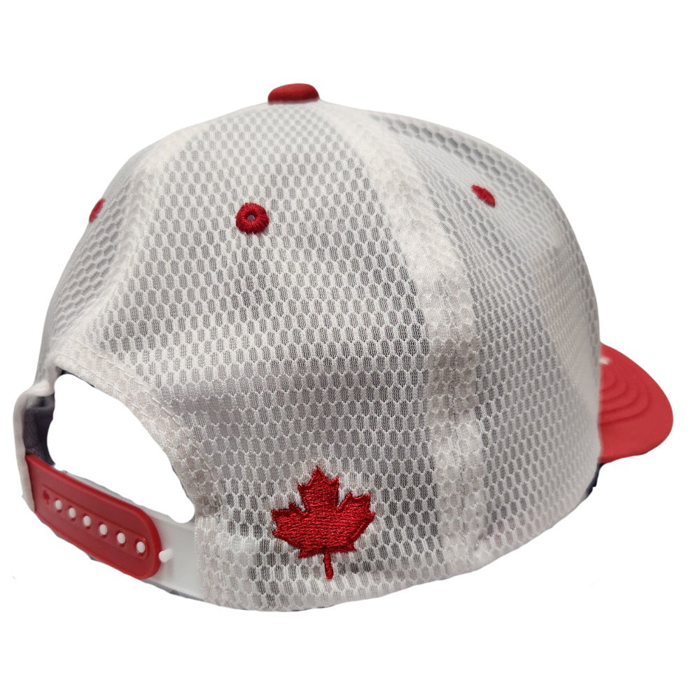 Canada Corner Hat side view of maple leaf and closure.