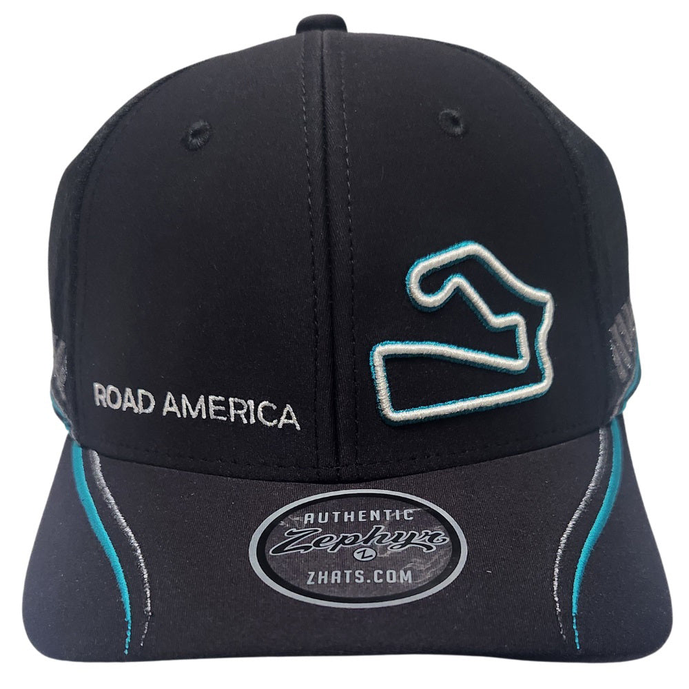 The Alan Hat is all-black with white, teal and silver accents.