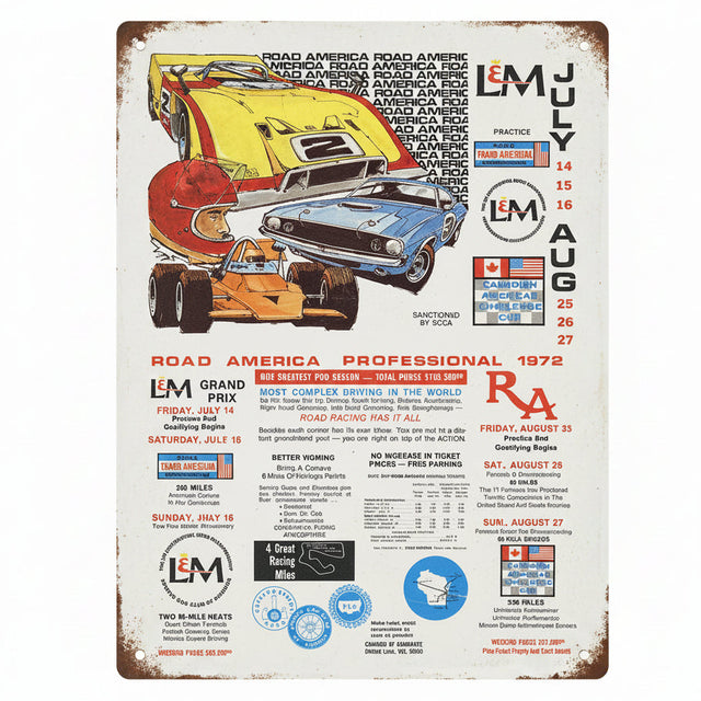 A rectangular vintage-style metal tin sign featuring 1972 LM Racing race graphics and schedules, shown against a plain white background.