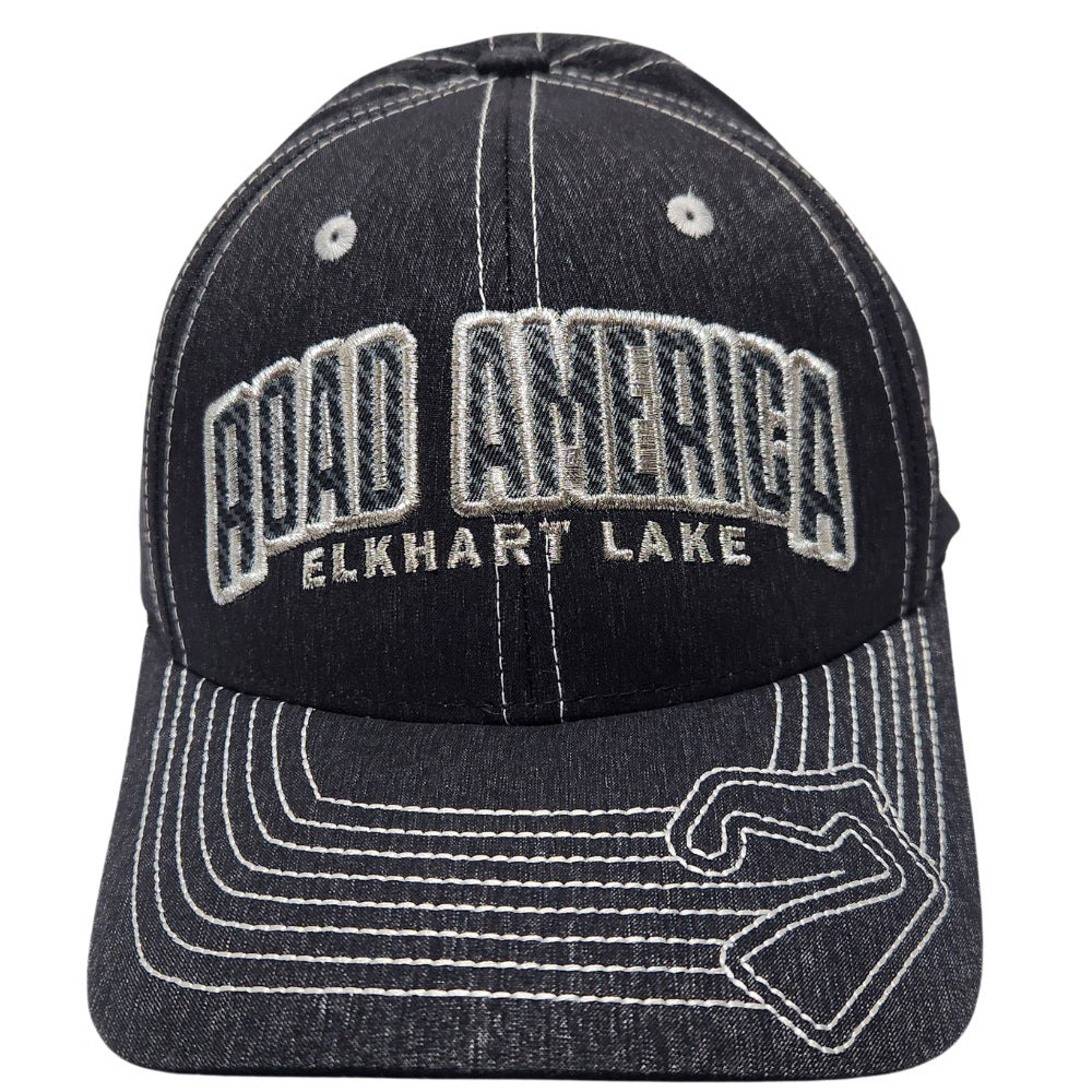 The Carlson Hat is dark heather gray with an applique design on crown featuring the words Road America and Elkhart Lake. The visor is detailed with eight light gray stitch rows which tie into a stitched Road America track outline.